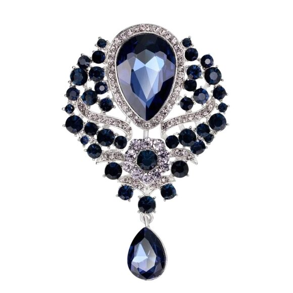 Victorian Style Dark Blue Rhinestone Brooch Teardrop Pendant Silver Tone - Picture 1 of 1